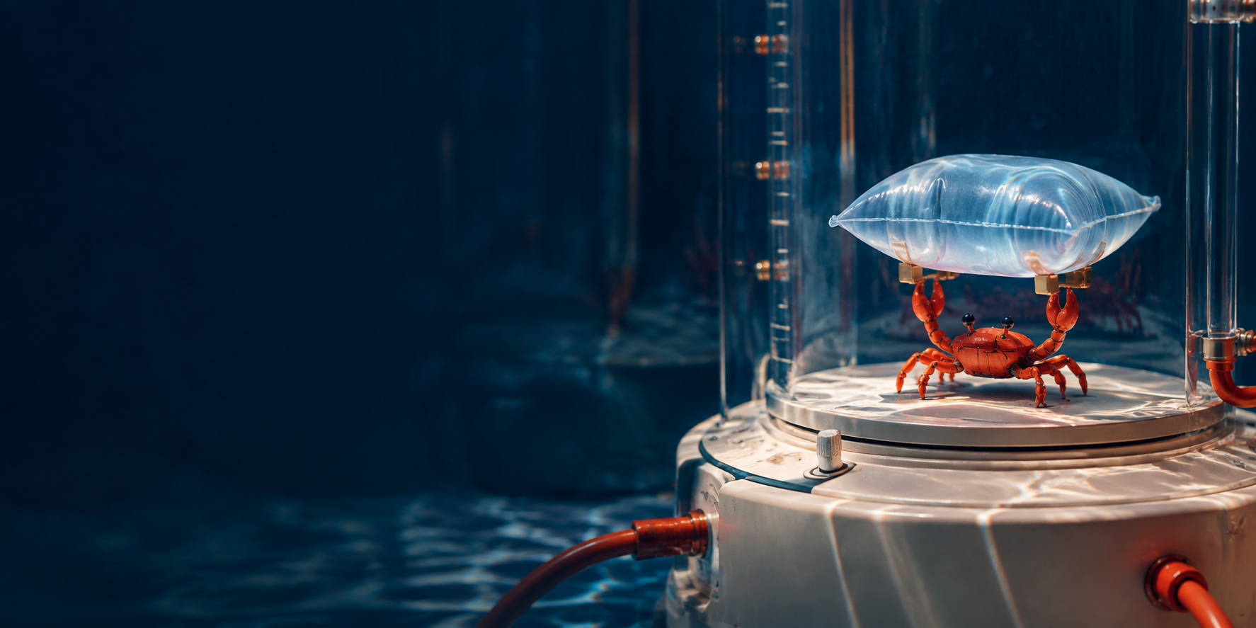 An orange mechanical crab carries a translucent cushion in a deep-sea glass chamber